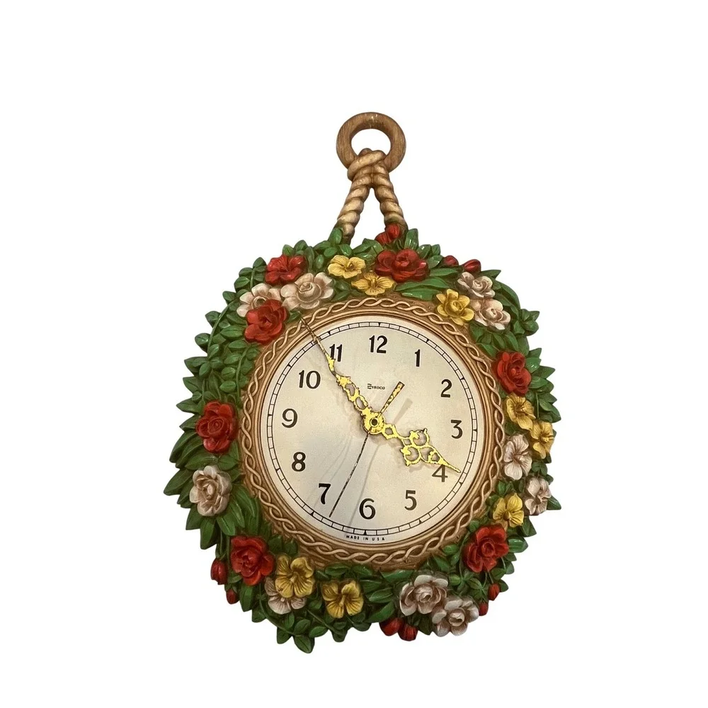 Syroco Wall Clock Floral Vintage Hanging basket Decor Made in USA 1970s 16